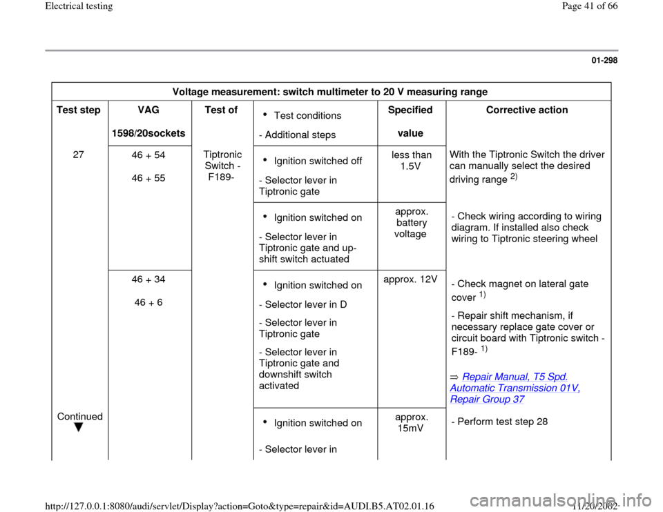 AUDI A6 1997 C5 / 2.G 01V Transmission Electrical Testing Service Manual 01-298
 
Voltage measurement: switch multimeter to 20 V measuring range  
Test step  
VAG  
1598/20sockets  Test of  
Test conditions 
- Additional stepsSpecified  
value  Corrective action  
27  
46 