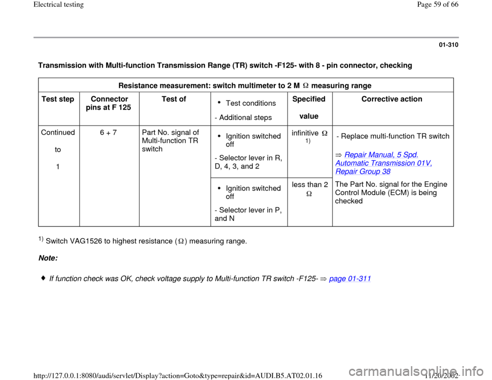 AUDI A8 1997 D2 / 1.G 01V Transmission Electrical Testing Repair Manual 01-310
 Transmission with Multi-function Transmission Range (TR) switch -F125- with 8 - pin connector, checking  
Resistance measurement: switch multimeter to 2 M   measuring range  
Test step  
Conne