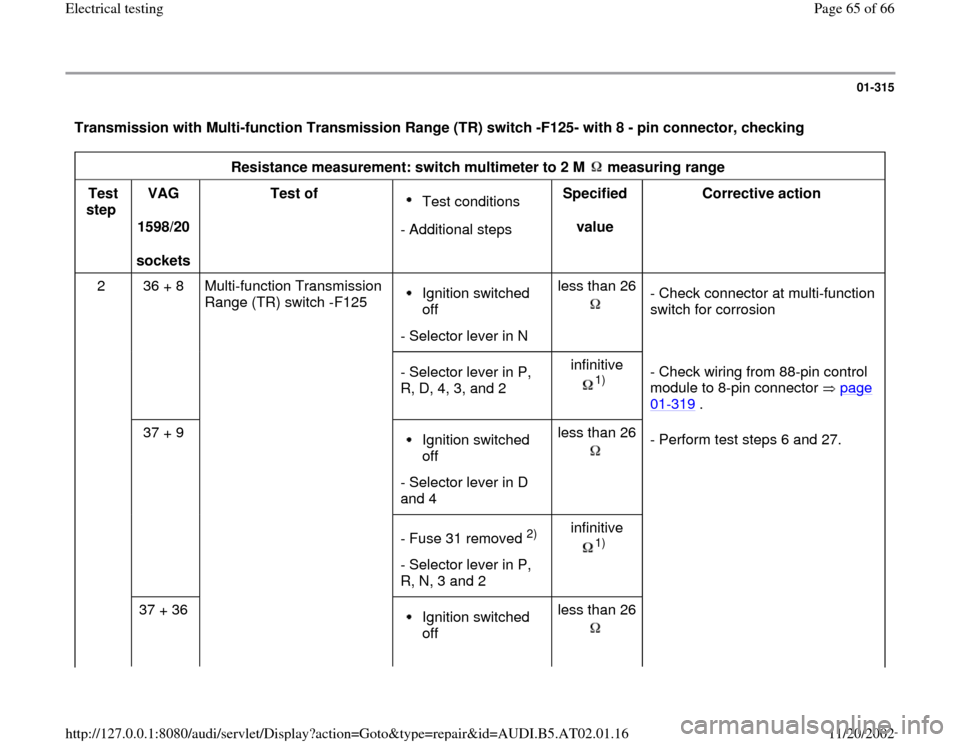 AUDI A6 1999 C5 / 2.G 01V Transmission Electrical Testing Repair Manual 01-315
 Transmission with Multi-function Transmission Range (TR) switch -F125- with 8 - pin connector, checking  
Resistance measurement: switch multimeter to 2 M   measuring range  
Test 
step  VAG  