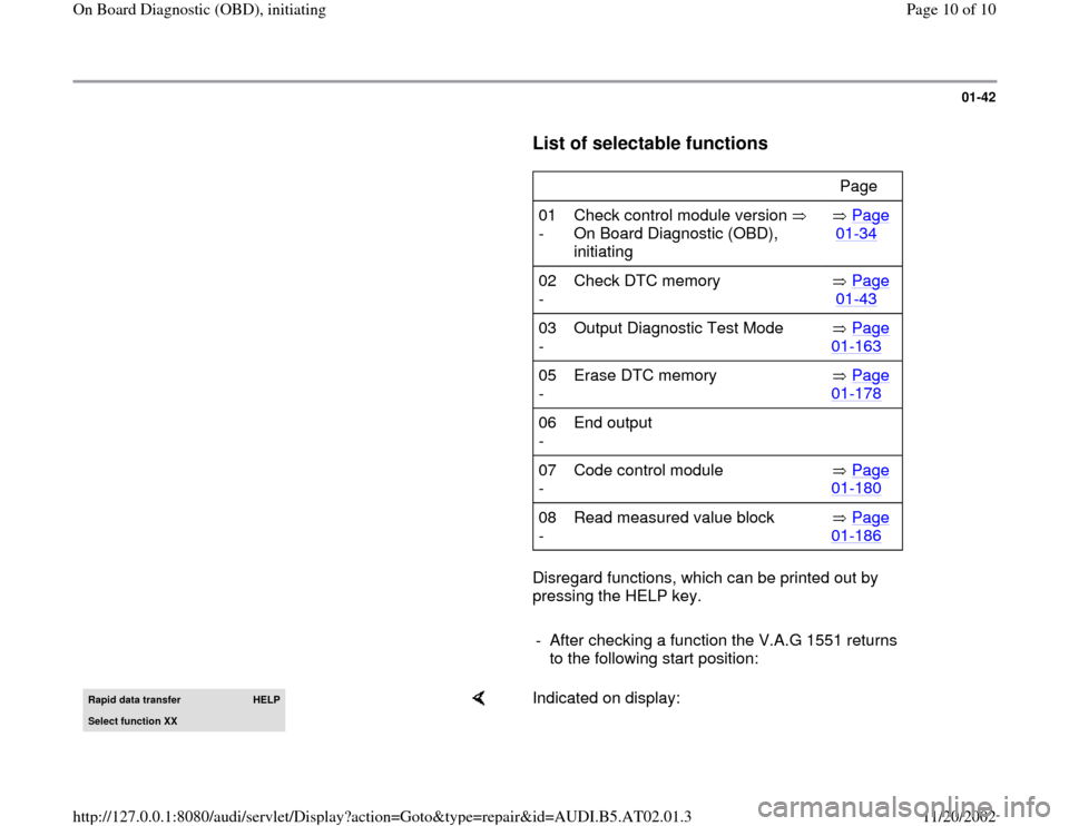 AUDI A6 2000 C5 / 2.G 01V Transmission OBD Workshop Manual 01-42
      
List of selectable functions
 
     
      Page  
01 
-  Check control module version   
On Board Diagnostic (OBD), 
initiating   
 Page 01
-34
   
02 
-  Check DTC memory    Page 
01
-43