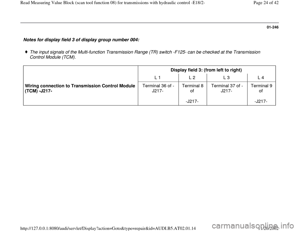 AUDI A6 1996 C5 / 2.G 01V Transmission Read Measuring Value Block E18/2 Owners Manual 01-246
 Notes for display field 3 of display group number 004:  
 
The input signals of the Multi-function Transmission Range (TR) switch -F125- can be checked at the Transmission 
Control Module (TCM