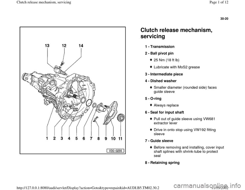 AUDI A4 1999 B5 / 1.G 01A Transmission Clutch Release Mechanism Service Workshop Manual 