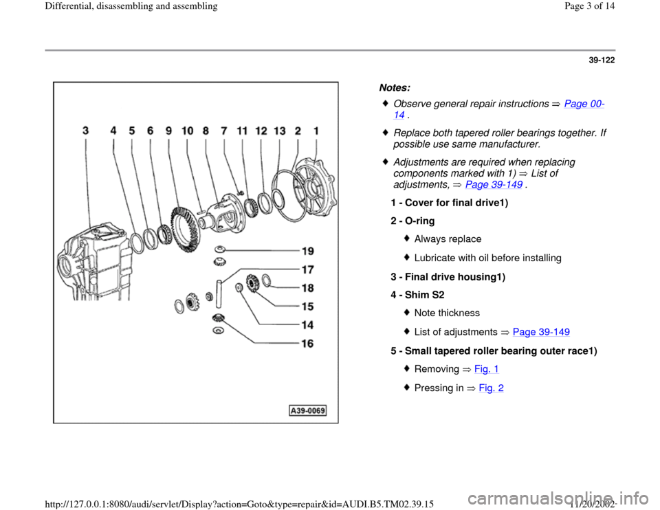AUDI A4 1998 B5 / 1.G 01A Transmission Differential Assembly Workshop Manual 39-122
 
  
Notes: 
 
Observe general repair instructions   Page 00
-
14
 . 
 Replace both tapered roller bearings together. If 
possible use same manufacturer. 
 Adjustments are required when replaci