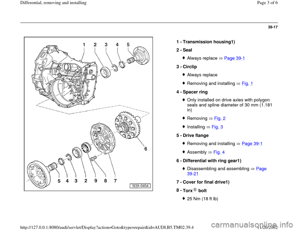 AUDI A4 1996 B5 / 1.G 01A Transmission Differential Remove And Install Workshop Manual 39-17
 
  
1 - 
Transmission housing1) 
2 - 
Seal 
Always replace   Page 39
-1
3 - 
Circlip 
Always replaceRemoving and installing   Fig. 1
4 - 
Spacer ring 
Only installed on drive axles with polygon