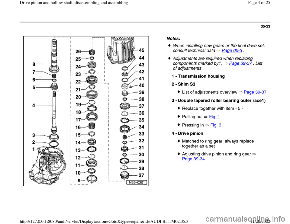 AUDI A4 1999 B5 / 1.G 01A Transmission Drive Pinion And Hollow Shaft Assembly Workshop Manual 35-23
 
  
Notes: 
 
When installing new gears or the final drive set, 
consult technical data   Page 00
-3 . 
 Adjustments are required when replacing 
components marked by1)   Page 39
-37
 , List 
o