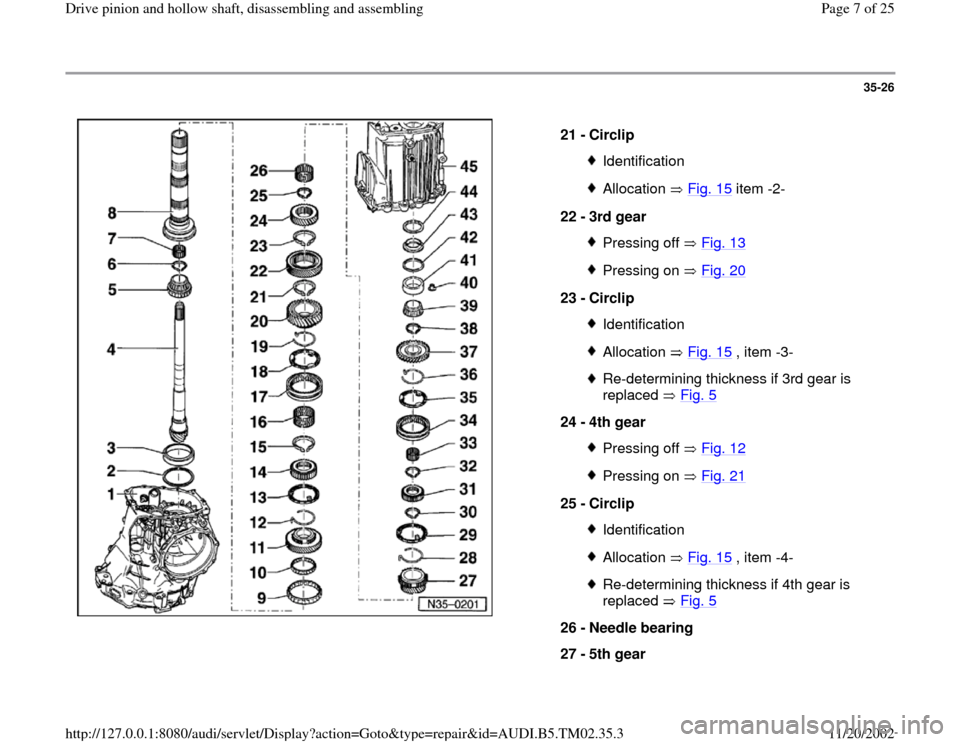AUDI A4 1999 B5 / 1.G 01A Transmission Drive Pinion And Hollow Shaft Assembly Workshop Manual 35-26
 
  
21 - 
Circlip 
IdentificationAllocation  Fig. 15
 item -2-
22 - 
3rd gear 
Pressing off   Fig. 13Pressing on   Fig. 20
23 - 
Circlip 
IdentificationAllocation  Fig. 15
 , item -3-
Re-determ