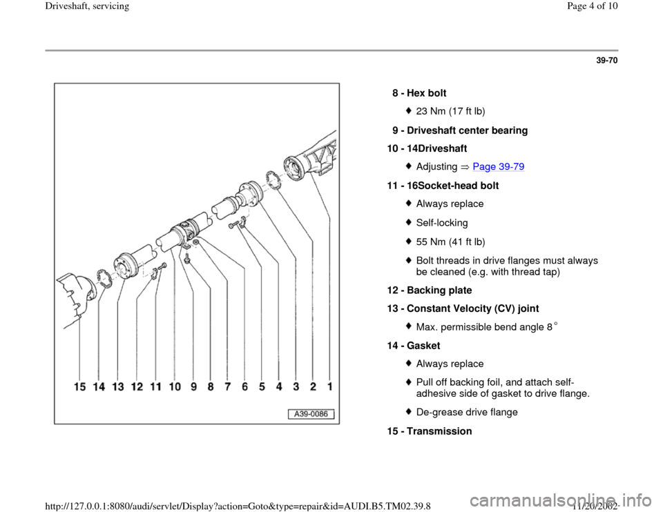 AUDI A4 1997 B5 / 1.G 01A Transmission Final Driveshaft Service Workshop Manual 39-70
 
  
8 - 
Hex bolt 
23 Nm (17 ft lb)
9 - 
Driveshaft center bearing 
10 - 
14Driveshaft Adjusting  Page 39
-79
11 - 
16Socket-head bolt 
Always replaceSelf-locking55 Nm (41 ft lb)Bolt threads in