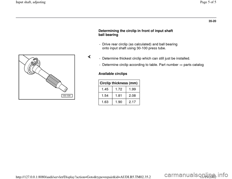 AUDI A4 1999 B5 / 1.G 01A Transmission Input Shaft Adjustment Workshop Manual 35-20
      
Determining the circlip in front of input shaft 
ball bearing  
     
-  Drive rear circlip (as calculated) and ball bearing 
onto input shaft using 30-100 press tube. 
    
Available cir