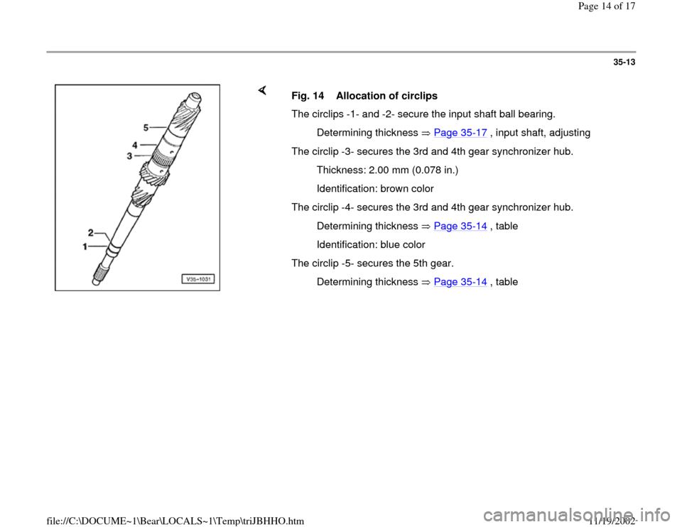 AUDI A4 1998 B5 / 1.G 01A Transmission Input Shaft Assembly User Guide 35-13
 
    
Fig. 14  Allocation of circlips
The circlips -1- and -2- secure the input shaft ball bearing.
 Determining thickness   Page 35
-17
 , input shaft, adjusting
The circlip -3- secures the 3r