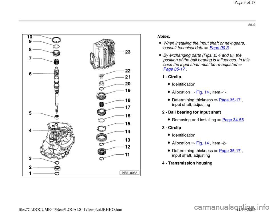 AUDI A4 1999 B5 / 1.G 01A Transmission Input Shaft Assembly Workshop Manual 35-2
 
  
Notes: 
 
When installing the input shaft or new gears, 
consult technical data   Page 00
-3 . 
 By exchanging parts (Figs. 2, 4 and 6), the 
position of the ball bearing is influenced. In t