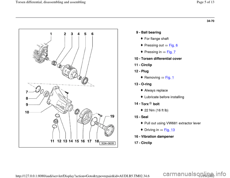 AUDI A4 1997 B5 / 1.G 01A Transmission Torsen Differential Assembly Workshop Manual 34-70
 
  
9 - 
Ball bearing 
For flange shaftPressing out   Fig. 6Pressing in   Fig. 7
10 - 
Torsen differential cover 
11 - 
Circlip 
12 - 
Plug 
Removing  Fig. 1
13 - 
O-ring 
Always replaceLubrica
