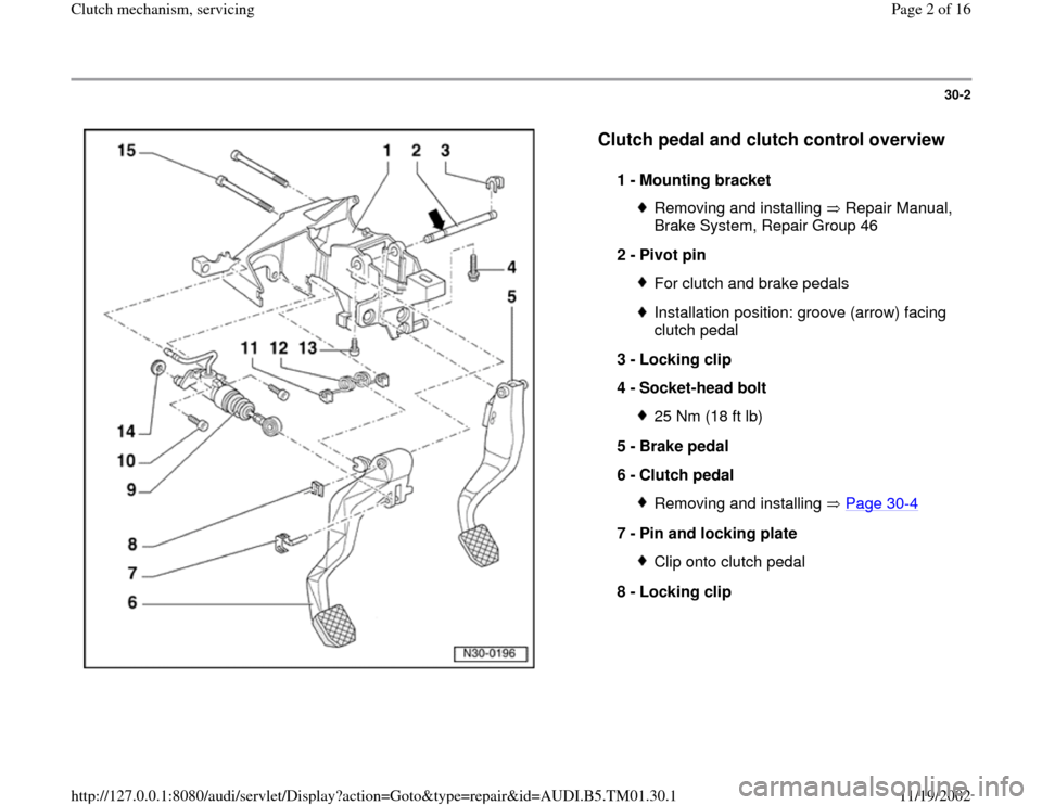 AUDI A4 1997 B5 / 1.G 01W Transmission Clutch Mechanism Servicing Workshop Manual 30-2
 
  
Clutch pedal and clutch control overview
 
1 - 
Mounting bracket 
Removing and installing   Repair Manual, 
Brake System, Repair Group 46 
2 - 
Pivot pin 
For clutch and brake pedalsInstalla