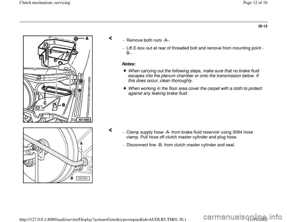 AUDI A4 1996 B5 / 1.G 01W Transmission Clutch Mechanism Servicing Workshop Manual 30-12
 
    
Notes:  -  Remove both nuts -A-. 
-  Lift E-box out at rear of threaded bolt and remove from mounting point -
B-. 
When carrying out the following steps, make sure that no brake fluid 
es