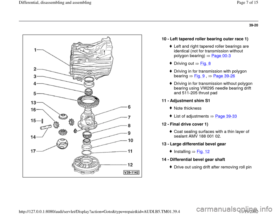 AUDI A4 1996 B5 / 1.G 01W Transmission Differentila Disassemble And Assemble Workshop Manual 39-20
 
  
10 - 
Left tapered roller bearing outer race 1) 
Left and right tapered roller bearings are 
identical (not for transmission without 
polygon bearing)   Page 00
-3 
Driving out   Fig. 8Driv