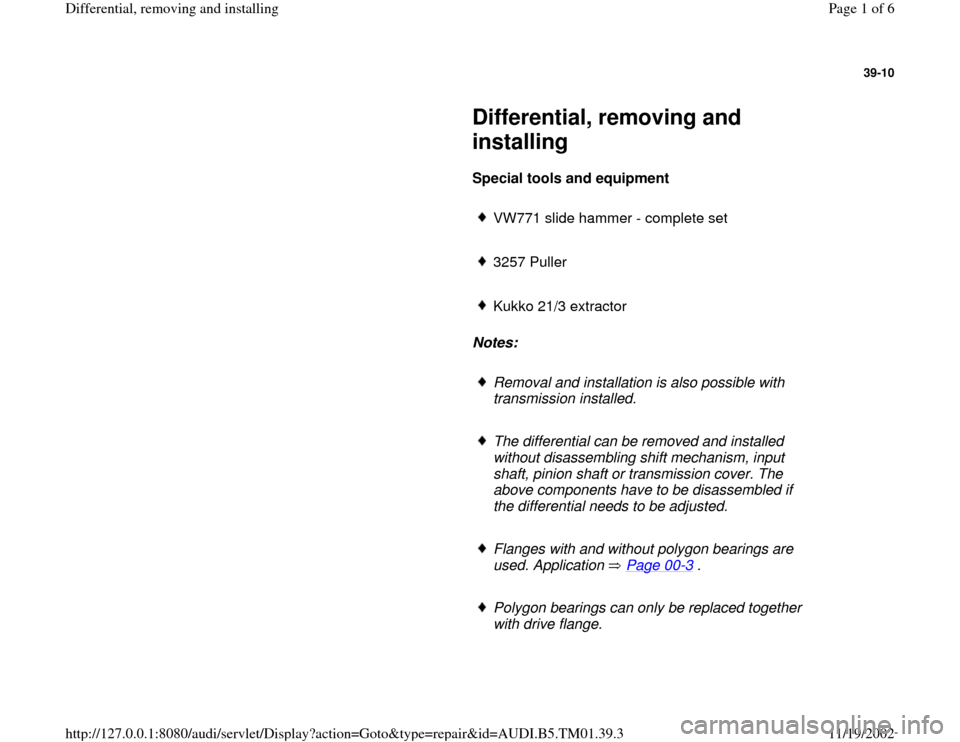 AUDI A4 2000 B5 / 1.G 01W Transmission Differential Remove And Install Workshop Manual 