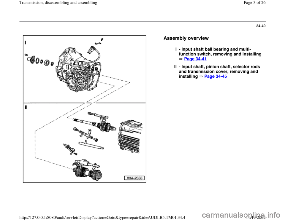 AUDI A4 1997 B5 / 1.G 01W Transmission Disassemble And Assemble Workshop Manual 34-40
 
  
Assembly overview
 
I - Input shaft ball bearing and multi-
function switch, removing and installing 
 Page 34
-41
 
II - Input shaft, pinion shaft, selector rods 
and transmission cover, r