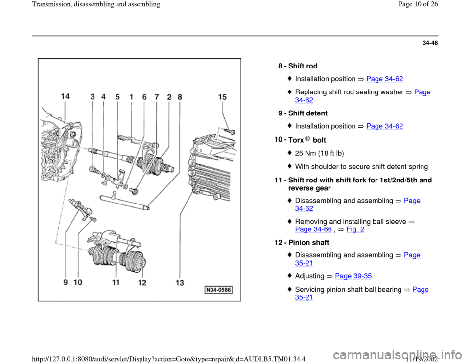 AUDI A4 1995 B5 / 1.G 01W Transmission Disassemble And Assemble Workshop Manual 34-46
 
  
8 - 
Shift rod 
Installation position   Page 34
-62
Replacing shift rod sealing washer   Page 34
-62
 
9 - 
Shift detent 
Installation position   Page 34
-62
10 - 
Torx  bolt 
25 Nm (18 ft 