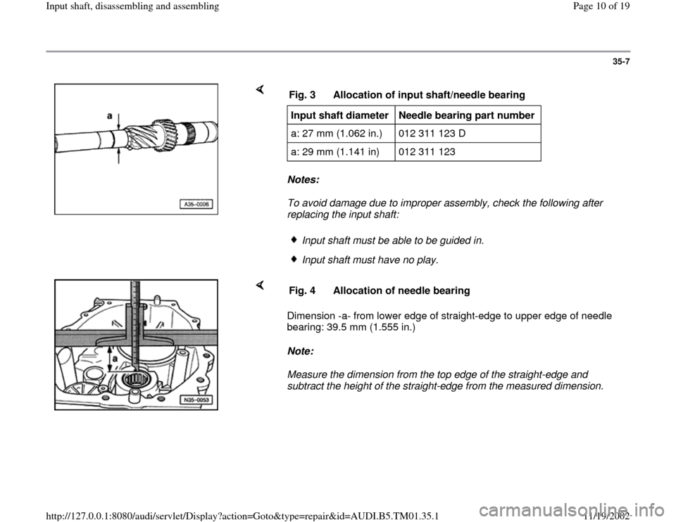 AUDI A4 1995 B5 / 1.G 01W Transmission Input Shaft Workshop Manual 35-7
 
    
Notes:  
To avoid damage due to improper assembly, check the following after 
replacing the input shaft:  Fig. 3  Allocation of input shaft/needle bearingInput shaft diameter  
Needle bear