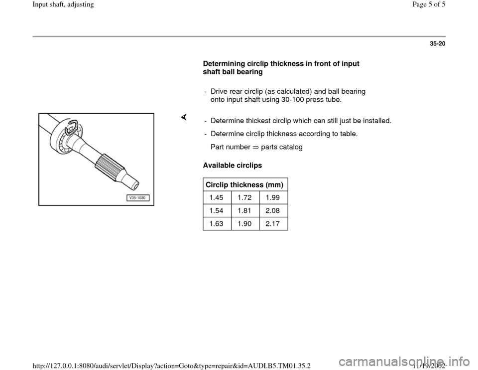 AUDI A4 1998 B5 / 1.G 01W Transmission Input Shaft Adjusting Workshop Manual 35-20
      
Determining circlip thickness in front of input 
shaft ball bearing  
     
-  Drive rear circlip (as calculated) and ball bearing 
onto input shaft using 30-100 press tube. 
    
Availab