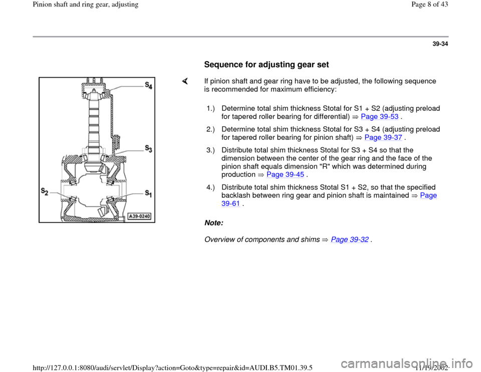 AUDI A4 1995 B5 / 1.G 01W Transmission Pinion Shaft Ring Gear Adjustment Workshop Manual 39-34
      
Sequence for adjusting gear set
 
    
If pinion shaft and gear ring have to be adjusted, the following sequence 
is recommended for maximum efficiency:  
Note:  
Overview of components a