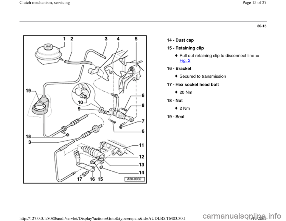 AUDI A6 1995 C5 / 2.G 01E Transmission Clutch Mechanism Service User Guide 30-15
 
  
14 - 
Dust cap 
15 - 
Retaining clip 
Pull out retaining clip to disconnect line   
Fig. 2
 
16 - 
Bracket 
Secured to transmission
17 - 
Hex socket head bolt 20 Nm
18 - 
Nut 2 Nm
19 - 
Sea