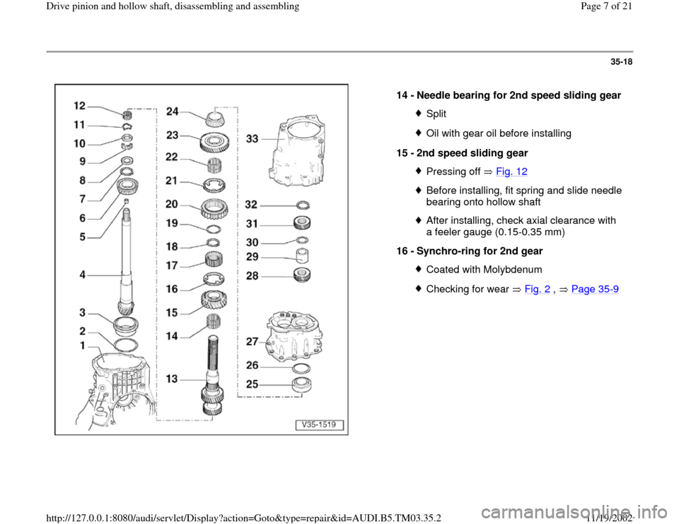 AUDI A6 1998 C5 / 2.G 01E Transmission Drive Pinion And Hollow Shaft Assembly Workshop Manual 35-18
 
  
14 - 
Needle bearing for 2nd speed sliding gear 
SplitOil with gear oil before installing
15 - 
2nd speed sliding gear Pressing off   Fig. 12Before installing, fit spring and slide needle 
