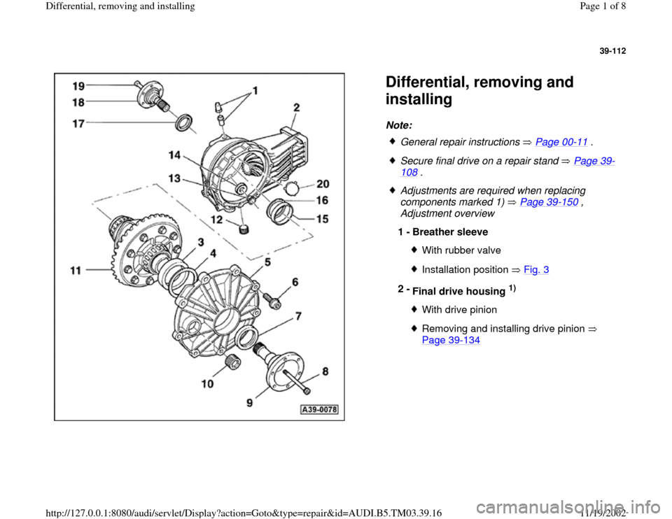 AUDI S4 1998 B5 / 1.G 01E Transmission Final Drive Differential Remove And Install Workshop Manual 