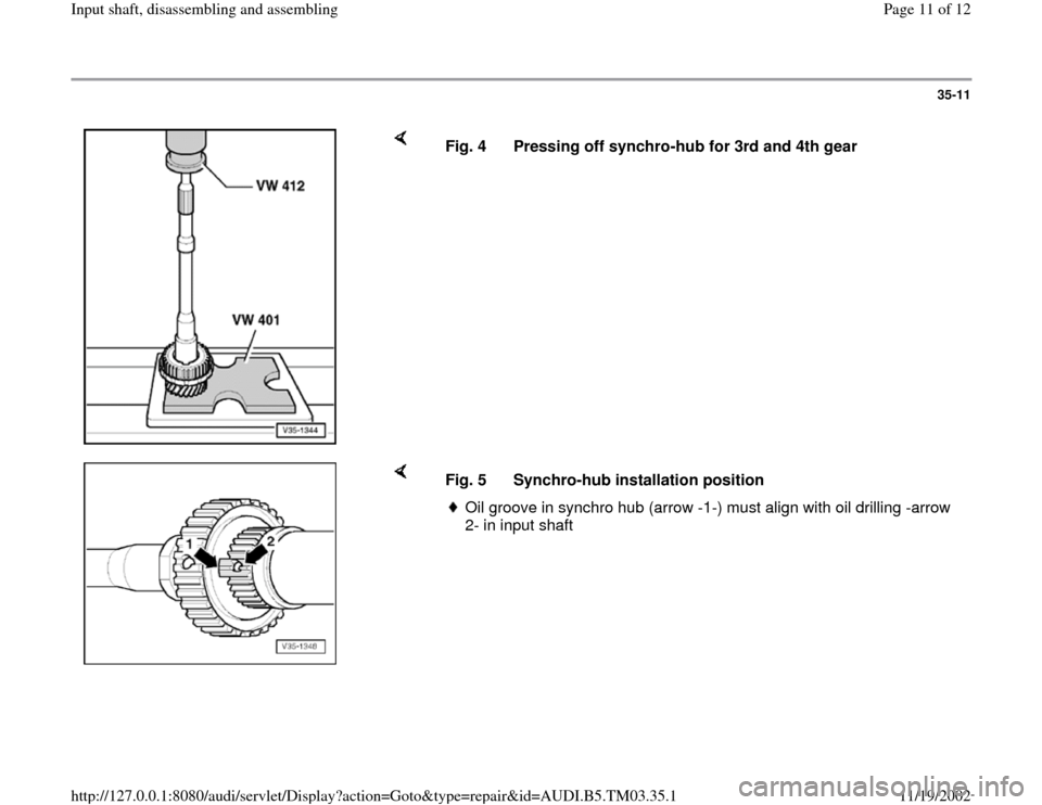 AUDI A6 1996 C5 / 2.G 01E Transmission Input Shaft Assembly User Guide 35-11
 
    
Fig. 4  Pressing off synchro-hub for 3rd and 4th gear 
    
Fig. 5  Synchro-hub installation position
Oil groove in synchro hub (arrow -1-) must align with oil drilling -arrow 
2- in inpu