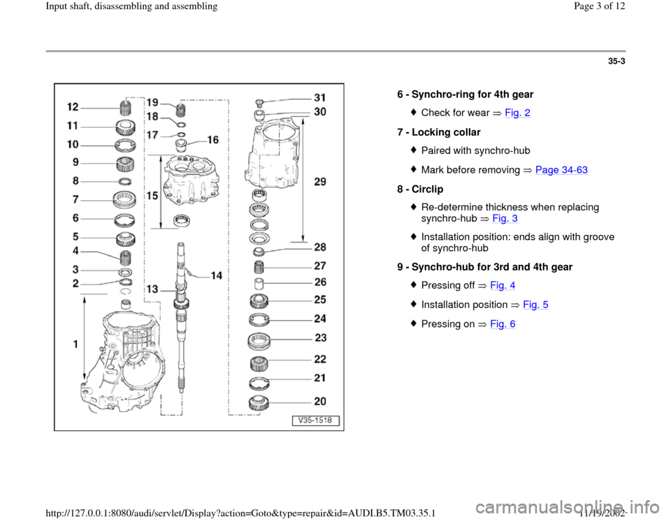 AUDI A6 1995 C5 / 2.G 01E Transmission Input Shaft Assembly Workshop Manual 35-3
 
  
6 - 
Synchro-ring for 4th gear 
Check for wear   Fig. 2
7 - 
Locking collar 
Paired with synchro-hubMark before removing   Page 34
-63
8 - 
Circlip 
Re-determine thickness when replacing 
sy