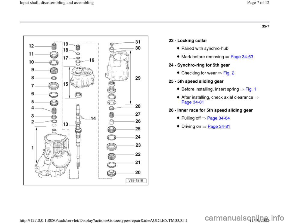 AUDI A6 1995 C5 / 2.G 01E Transmission Input Shaft Assembly Workshop Manual 35-7
 
  
23 - 
Locking collar 
Paired with synchro-hubMark before removing   Page 34
-63
24 - 
Synchro-ring for 5th gear 
Checking for wear   Fig. 2
25 - 
5th speed sliding gear 
Before installing, i
