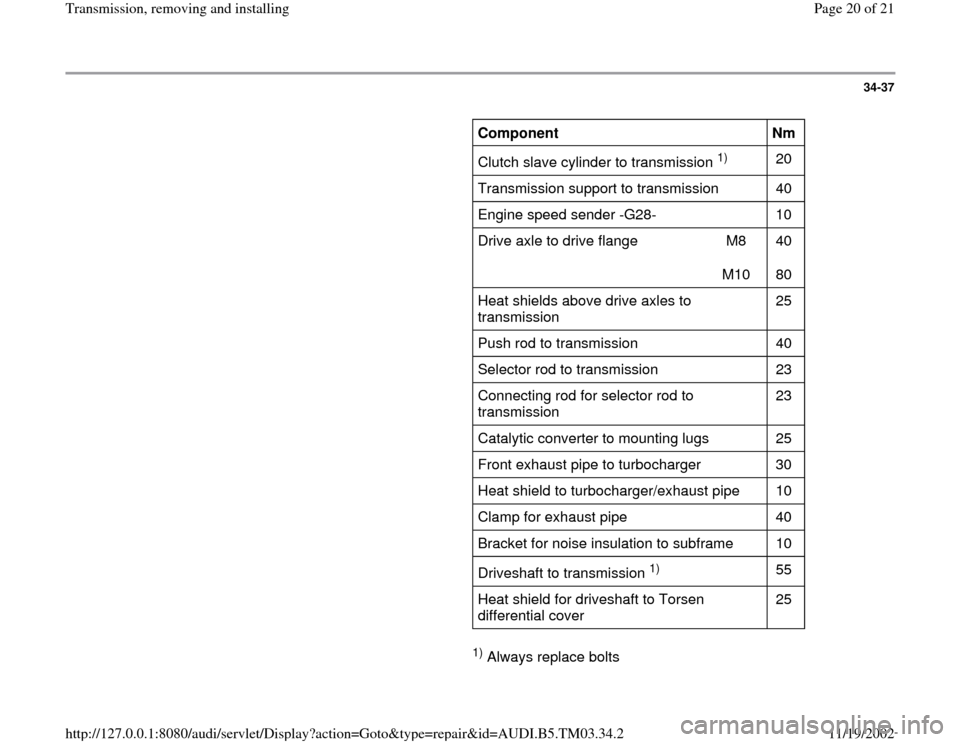 AUDI S4 2000 B5 / 1.G 01E Transmission Remove And Install Workshop Manual 34-37
      
Component  
  
Nm  
Clutch slave cylinder to transmission 
1)  
20  
Transmission support to transmission   40  
Engine speed sender -G28-      10  
Drive axle to drive flange   M8  
M10 