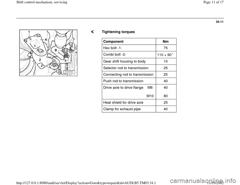 AUDI S4 2000 B5 / 1.G 01E Transmission Shift Control Mechanism Workshop Manual 34-11
 
    
Tightening torques  Component  
  
Nm  
Hex bolt -1-   75  
Combi bolt -2-  
110 + 90   Gear shift housing to body   10  
Selector rod to transmission   25  
Connecting rod to transmissio
