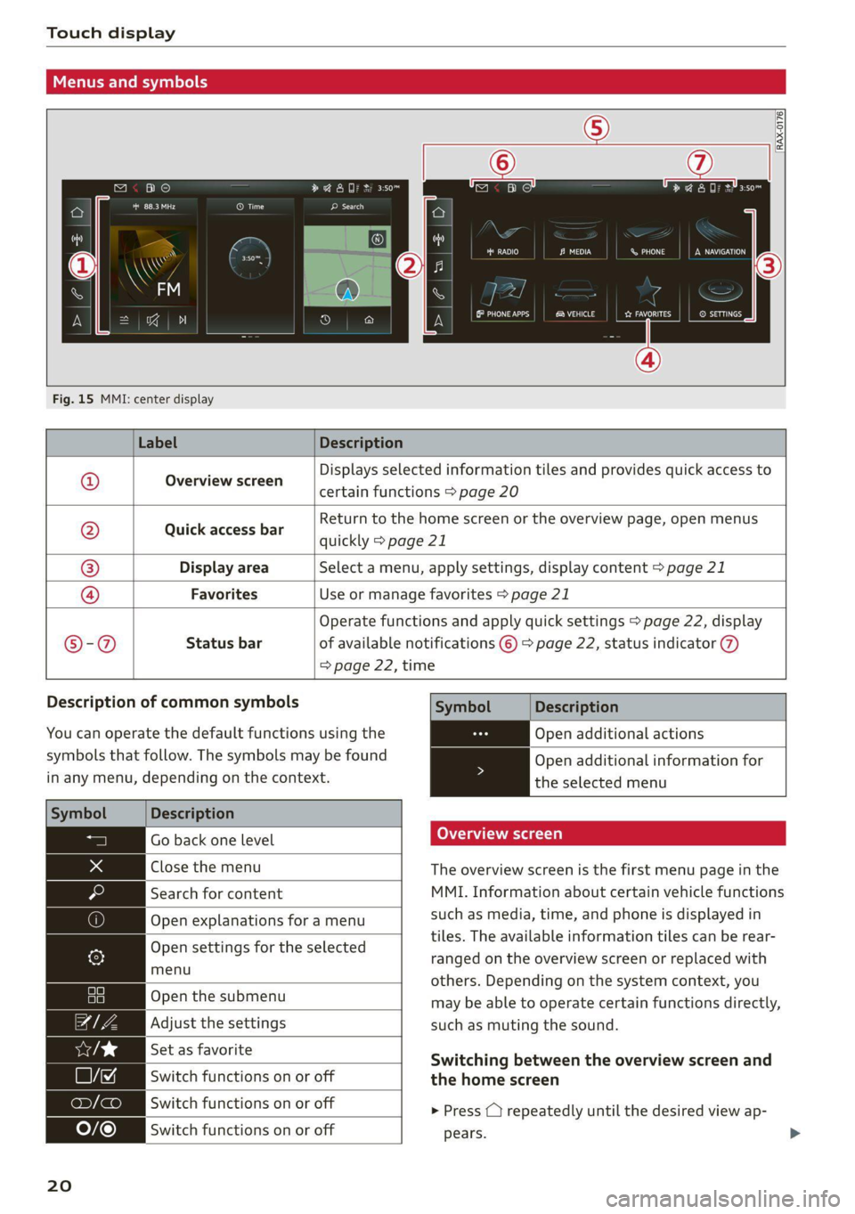 AUDI A4 2021  Owner´s Manual Touch display 
  
  
Menus and symbols 
  
RAX-0176. 
  
m< po 
Cer 
Oo er 
ce 
ce oS Eee had 
Co) Peo eens ETc) 
© SETTINGS eh aed CNet a Ts) 
  
  
Fig. 15 MMI: center display 
  
Label Description