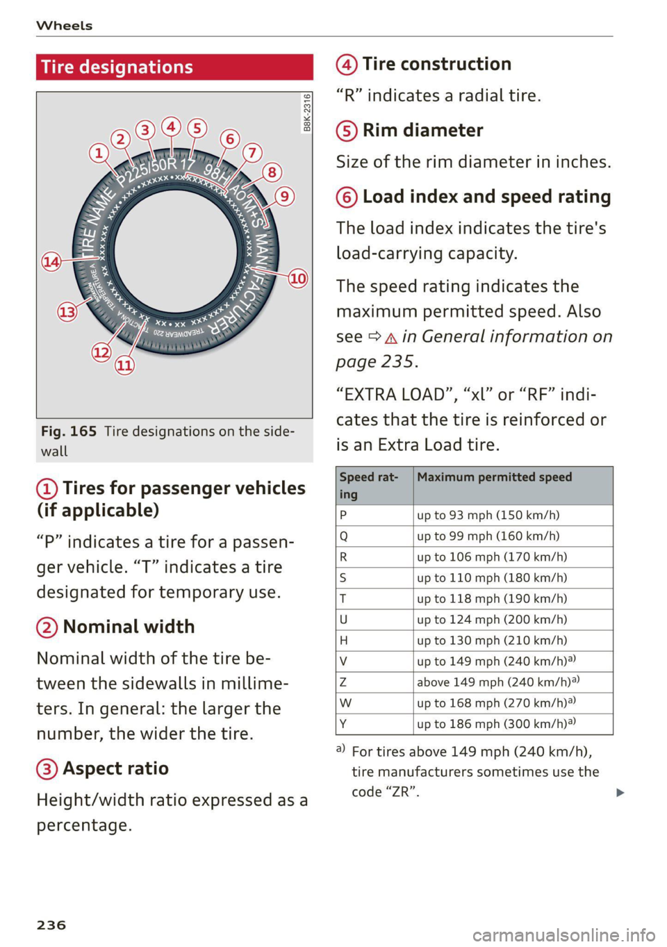 AUDI A4 2021  Owner´s Manual Wheels 
  
Tire designations 
  ©  2  2  x  © 
oO 
  
      
Fig. 165 Tire designations on the side- 
wall 
@ Tires for passenger vehicles 
(if applicable) 
“P” indicates a tire for a passen- 
g