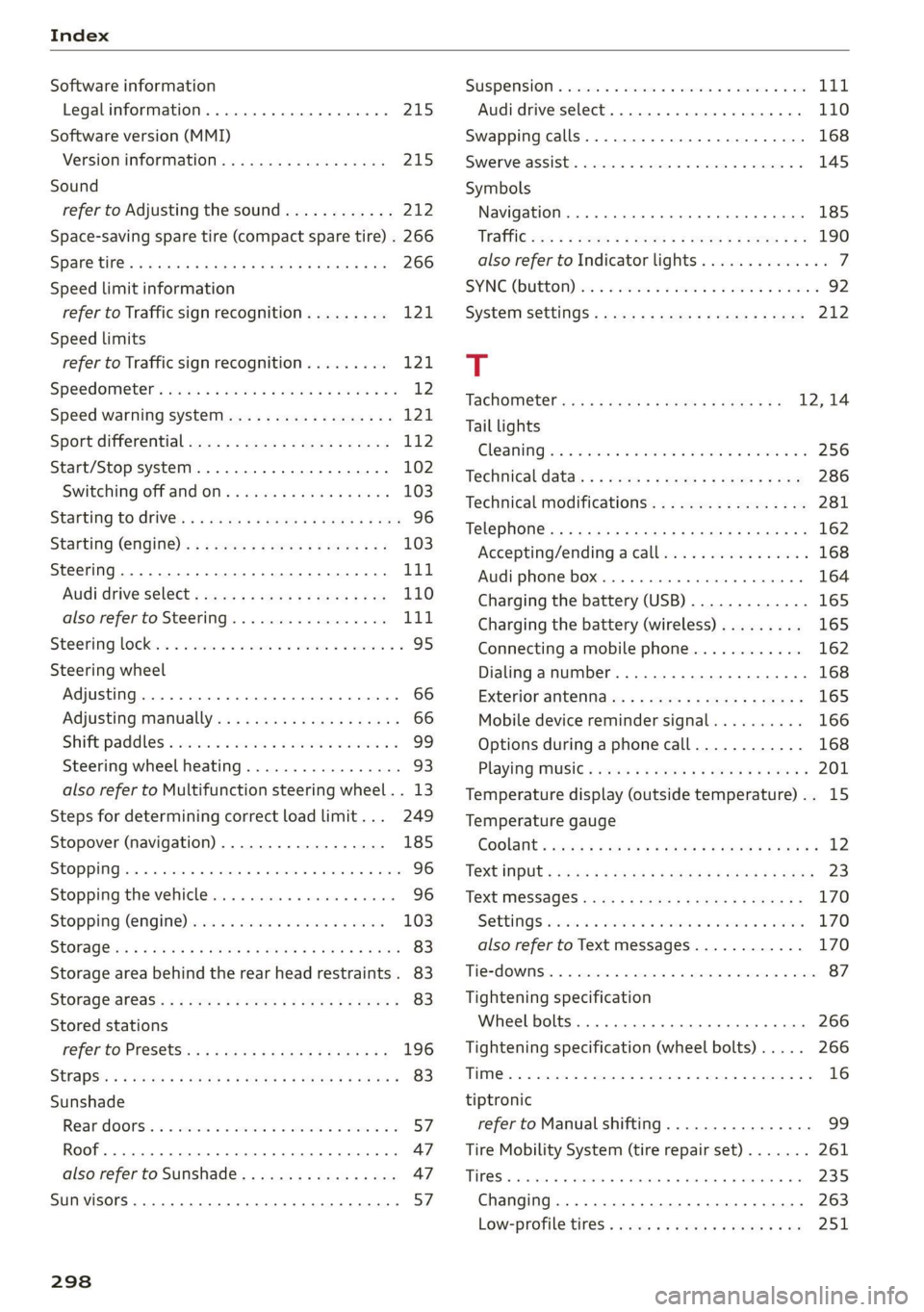 AUDI A4 2021  Owner´s Manual Index 
  
Software information 
Legalinformation................0005 215 
Software version (MMI) 
Version information.................. 215 
Sound 
refer to Adjusting the sound............ 212 
Space-