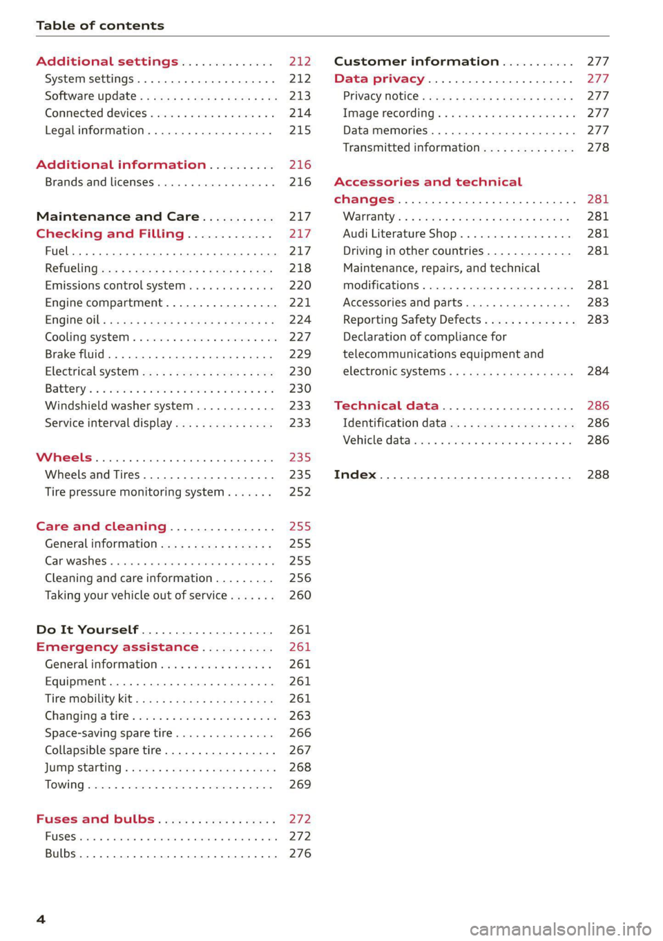 AUDI A4 2021  Owner´s Manual Table of contents 
  
  
Additional settings.............. 212 
System settingS.............ce ee eee 212 
Software update... 1.2... .. cc cece ee eee 213 
Connected devices.............000 005 214 
L