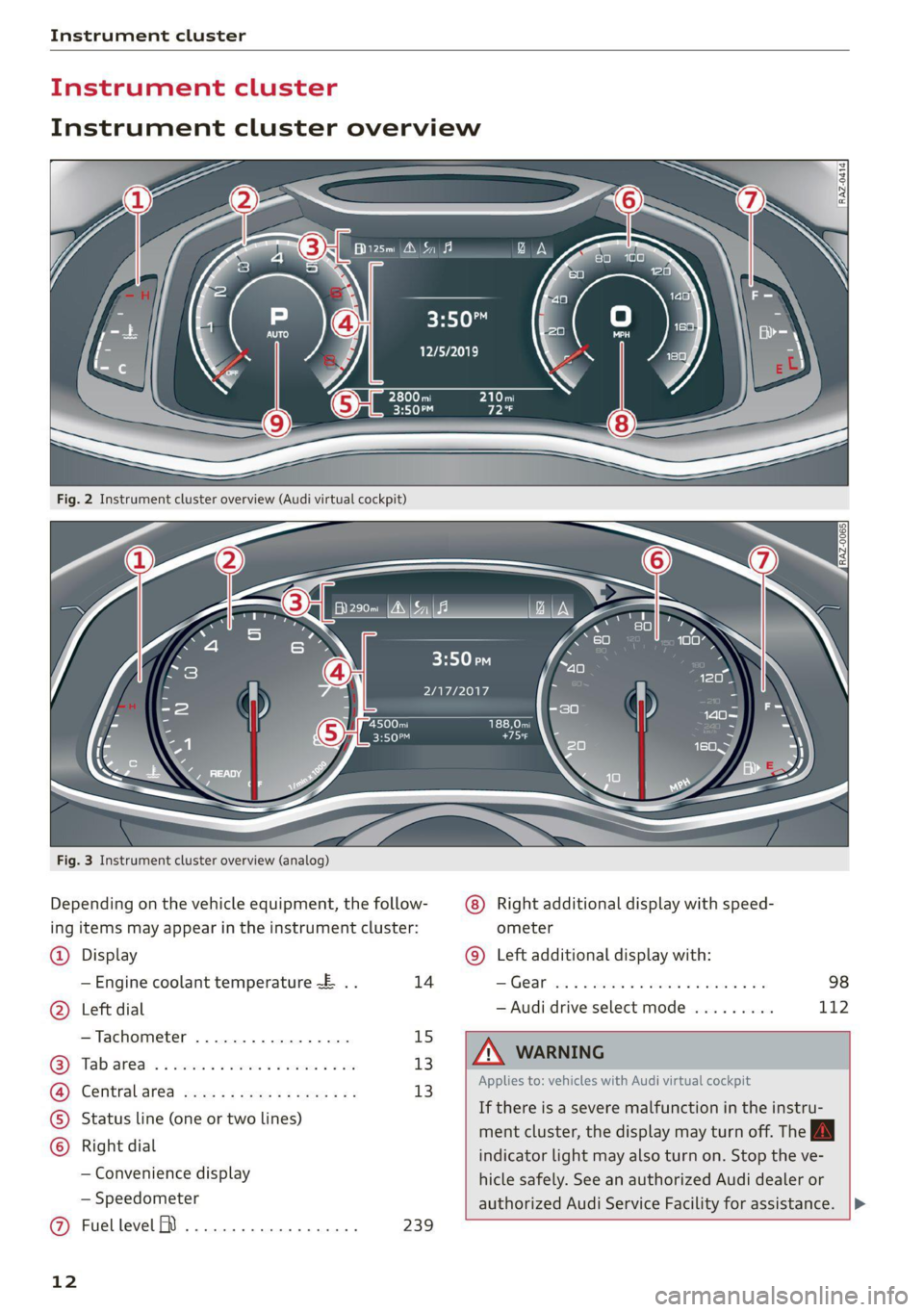 AUDI A6 2021  Owner´s Manual Instrument cluster 
  
3:50™ 
12/5/2019 
10 mi 
had 
fete ee Teen 
= be rela) 
Fig. 3 Instrument cluster overview (analog) 
3:50 m / “an 
PAW APA WA 
4500mi 
eRe 
Depending on the vehicle equipmen