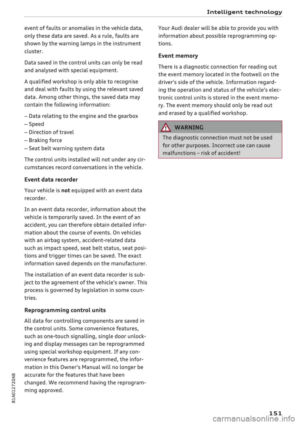 AUDI Q2 2021 Owner´s Manual
Intelligent technology
CO
< o rN
iv
rN
t-H
o < 00
event of faults or anomalies in the vehicLe data,
only these data are saved. As a rule, faults are
shown by the warning lamps in the instr AUDI Q2 2021 Owner´s Manual
Intelligent technology
CO
< o rN
iv
rN
t-H
o < 00
event of faults or anomalies in the vehicLe data,
only these data are saved. As a rule, faults are
shown by the warning lamps in the instr