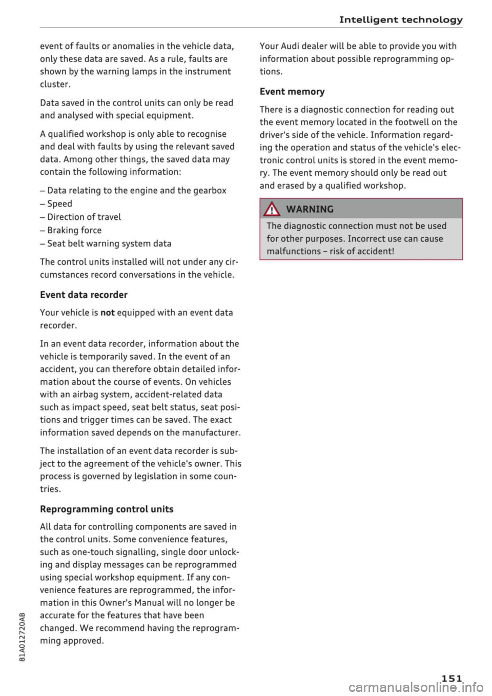 AUDI Q2 2021  Owner´s Manual 
Intelligent technology 

CO 

< o rN 
iv 
rN 
t-H 
o < 00 
event of faults or anomalies in the vehicLe data, 
only these data are saved. As a rule, faults are 
shown by the warning lamps in the instr