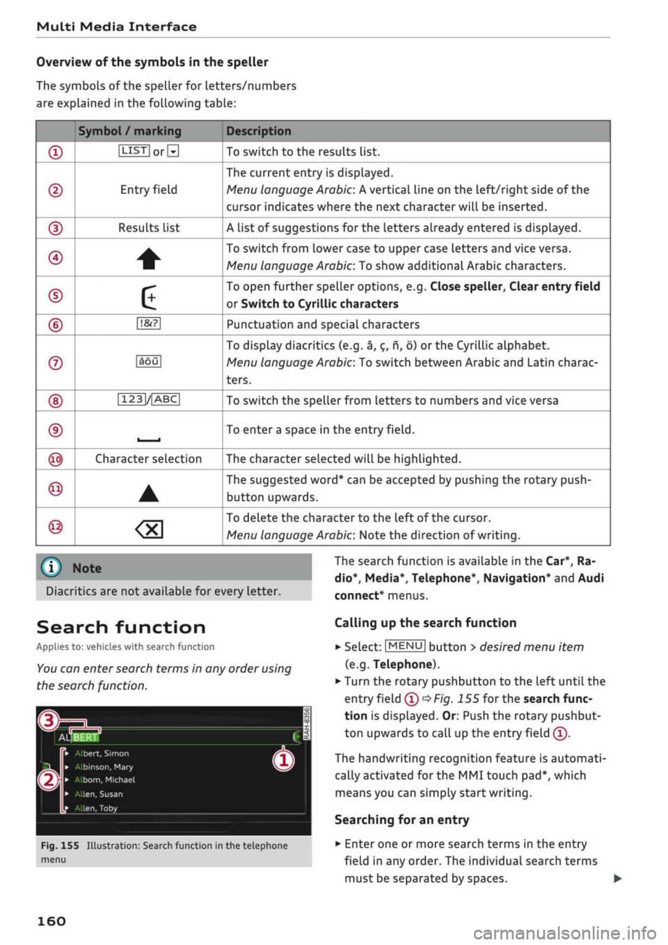 AUDI Q2 2021 Owner´s Manual
Multi Media Interface
Overview of the symbols in the speller
The symbols of the speller for
Letters/numbers
are explained in the following table:
<D
©
®
0
©
©
©
©
©
©
©
AUDI Q2 2021 Owner´s Manual
Multi Media Interface
Overview of the symbols in the speller
The symbols of the speller for
Letters/numbers
are explained in the following table:
<D
©
®
0
©
©
©
©
©
©
©