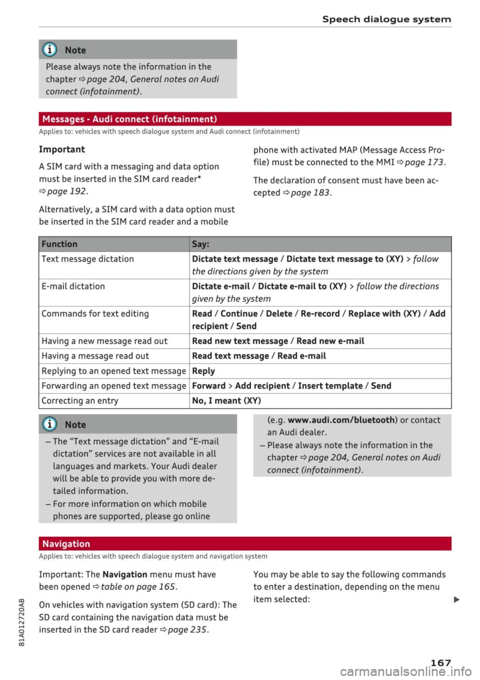 AUDI Q2 2021 Owner´s Manual
Speech dialogue system
Please always note the information in the
chapter
<^>page
204, General notes on Audi
connect (infotainment).
Messages - Audi connect (infotainment)
Applies to: vehicles AUDI Q2 2021 Owner´s Manual
Speech dialogue system
Please always note the information in the
chapter
<^>page
204, General notes on Audi
connect (infotainment).
Messages - Audi connect (infotainment)
Applies to: vehicles