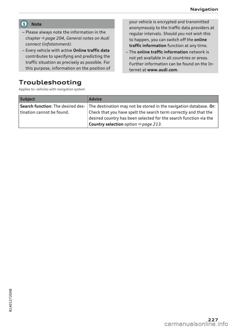 AUDI Q2 2021 Owner´s Manual
Navigation
- Please always note the information in the
chapter
^>page
204, General notes on Audi
connect (infotainment).
- Every vehicle with active Online traffic data
contributes to specifyi AUDI Q2 2021 Owner´s Manual
Navigation
- Please always note the information in the
chapter
^>page
204, General notes on Audi
connect (infotainment).
- Every vehicle with active Online traffic data
contributes to specifyi