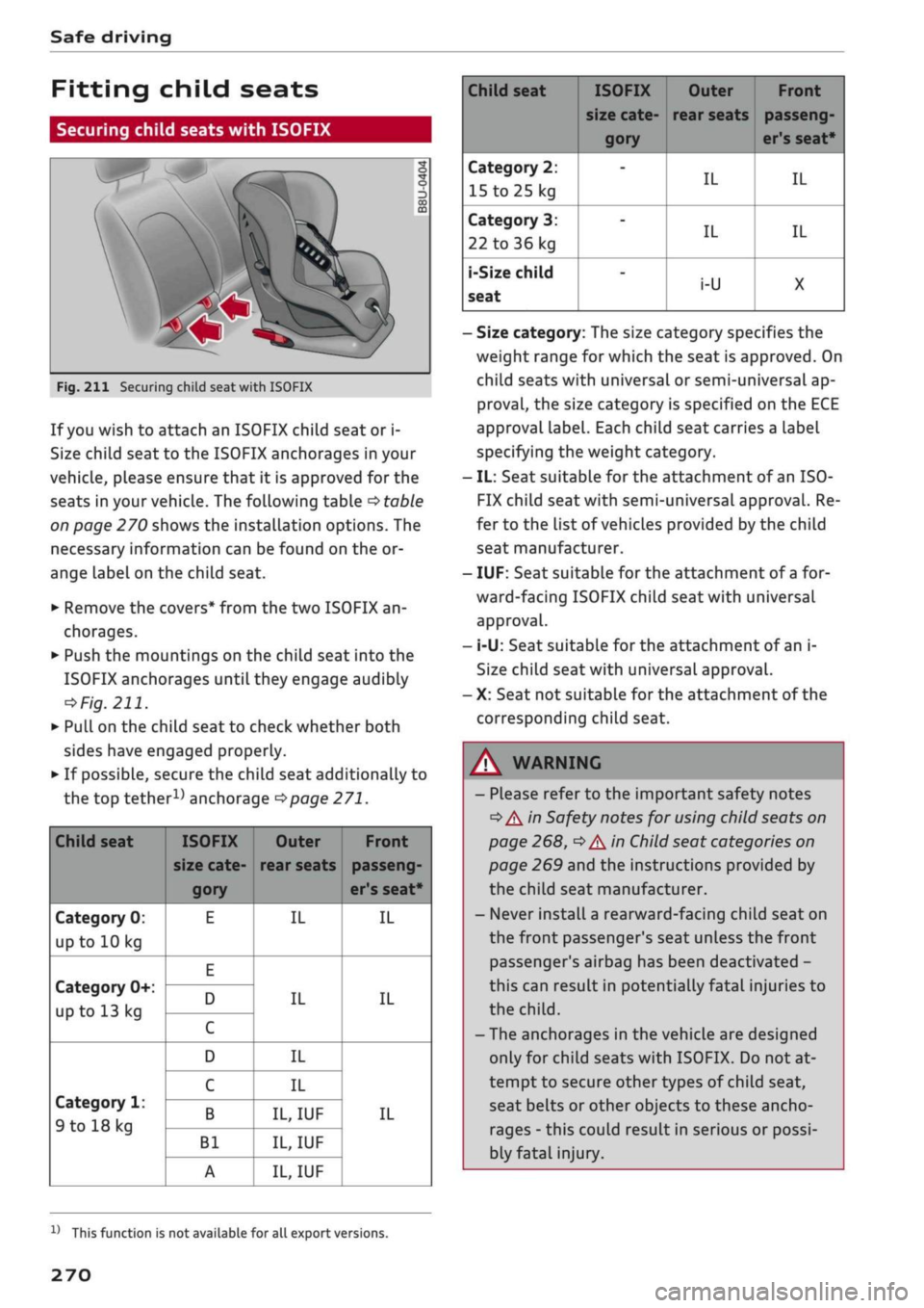 AUDI Q2 2021  Owner´s Manual 
Safe driving 
Fitting child seats 
Securing child seats with ISOFIX 

Fig.
 211 Securing child seat with ISOFIX 
If
 you
 wish to attach an ISOFIX child seat or i-
Size child seat to the ISOFIX ancho