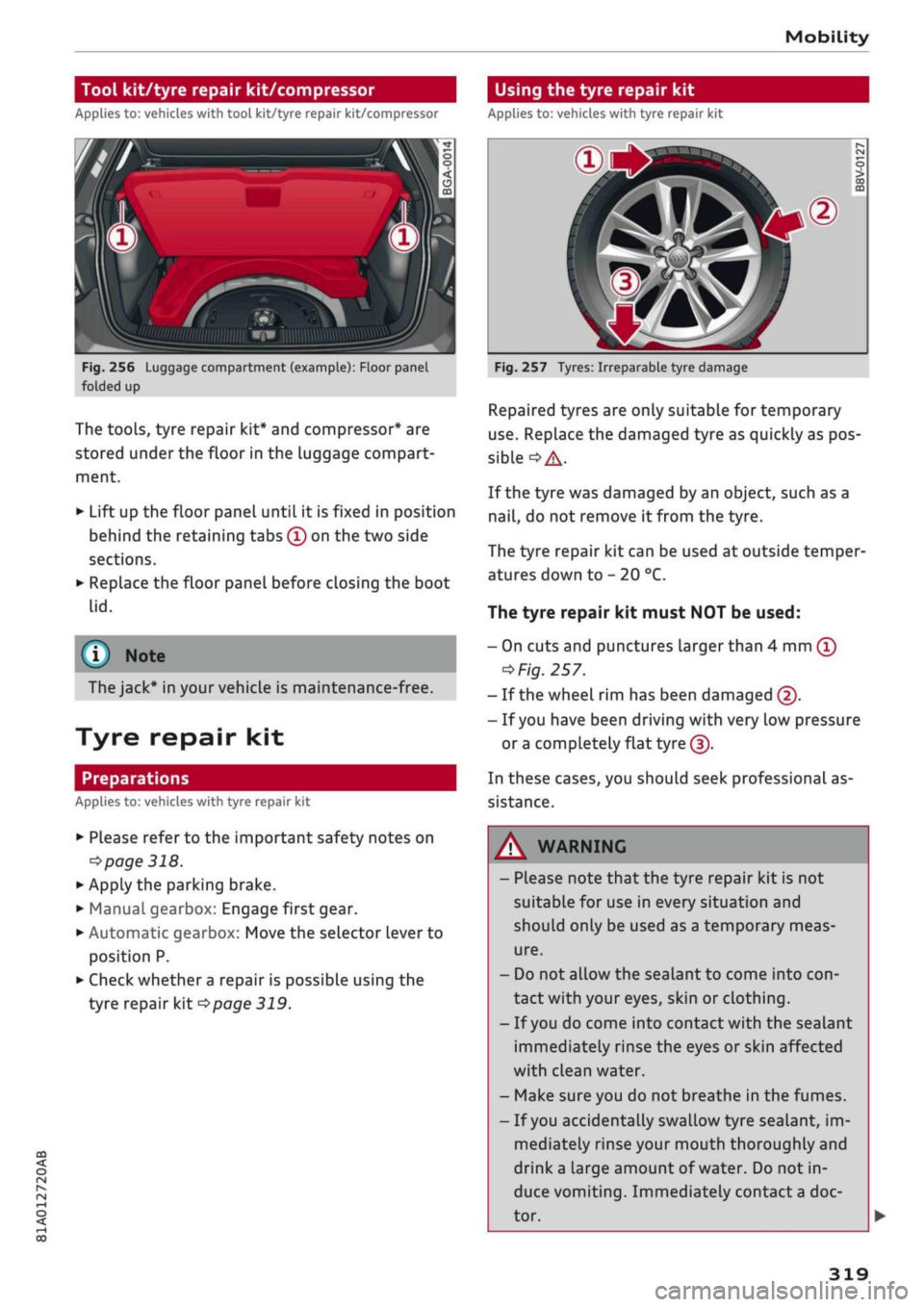 AUDI Q2 2021  Owner´s Manual 
Mobility 
Tool kit/tyre repair kit/compressor Using the tyre repair kit 
Applies to: vehicles with tool kit/tyre repair kit/compressor Applies to: vehicles with tyre repair kit 

CO 

rN 
IV 
rN 
•