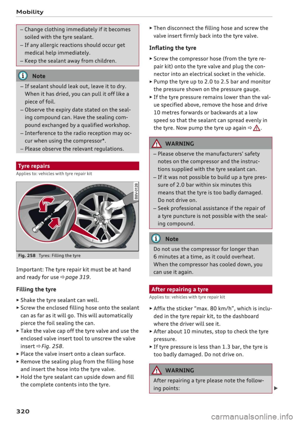 AUDI Q2 2021  Owner´s Manual 
Mobility 
- Change clothing immediately if it becomes 
soiled with the tyre sealant. 
- If any allergic reactions should occur get 
medical help immediately. 
- Keep the sealant away from children. 
