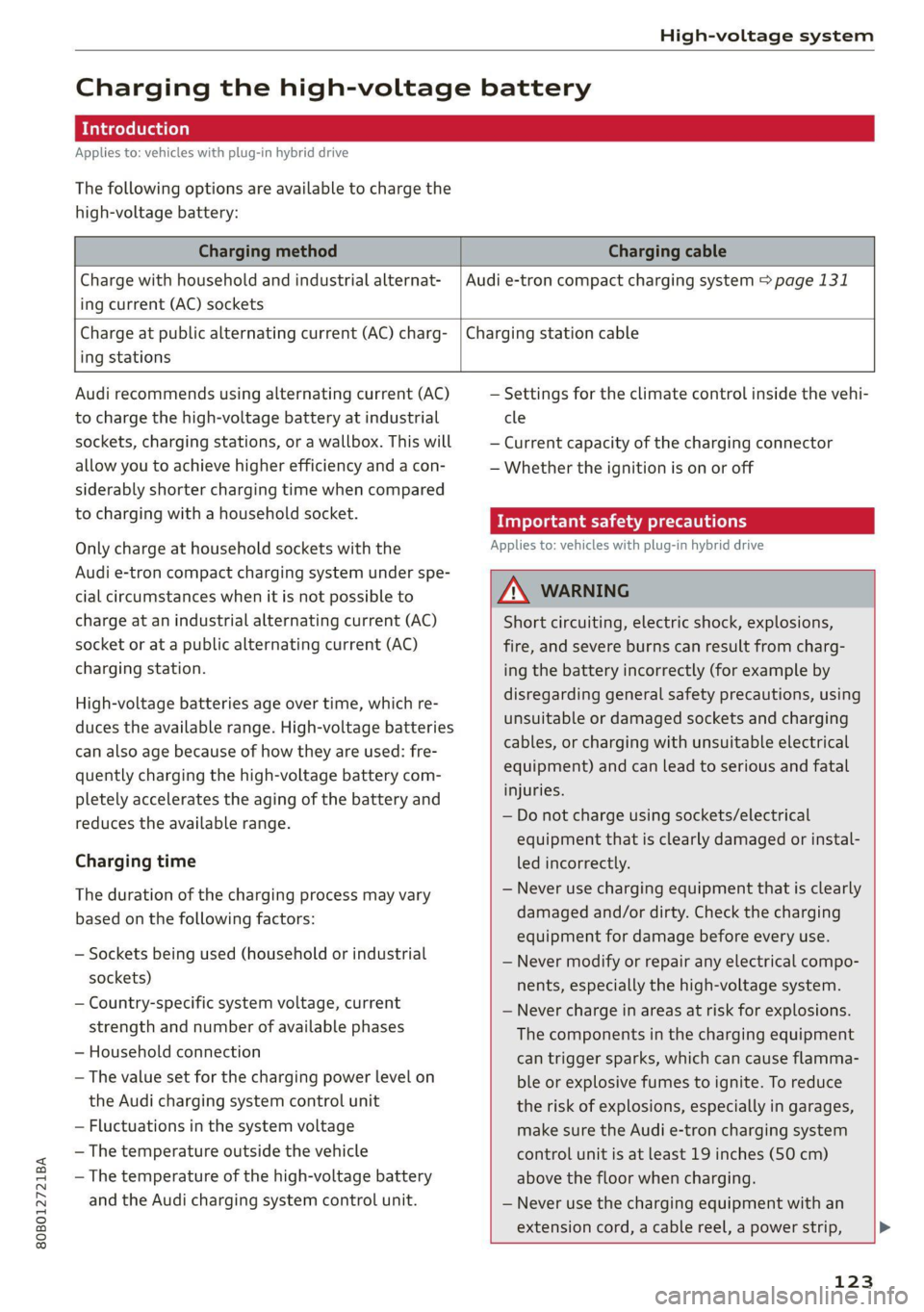 AUDI Q5 2021 Owner´s Manual 80B012721BA
High-voltage system
Charging the high-voltage battery
Introduction
Applies to: vehicles with plug-in hybrid drive
The following options are available to charge the
high-voltage ba AUDI Q5 2021 Owner´s Manual 80B012721BA
High-voltage system
Charging the high-voltage battery
Introduction
Applies to: vehicles with plug-in hybrid drive
The following options are available to charge the
high-voltage ba