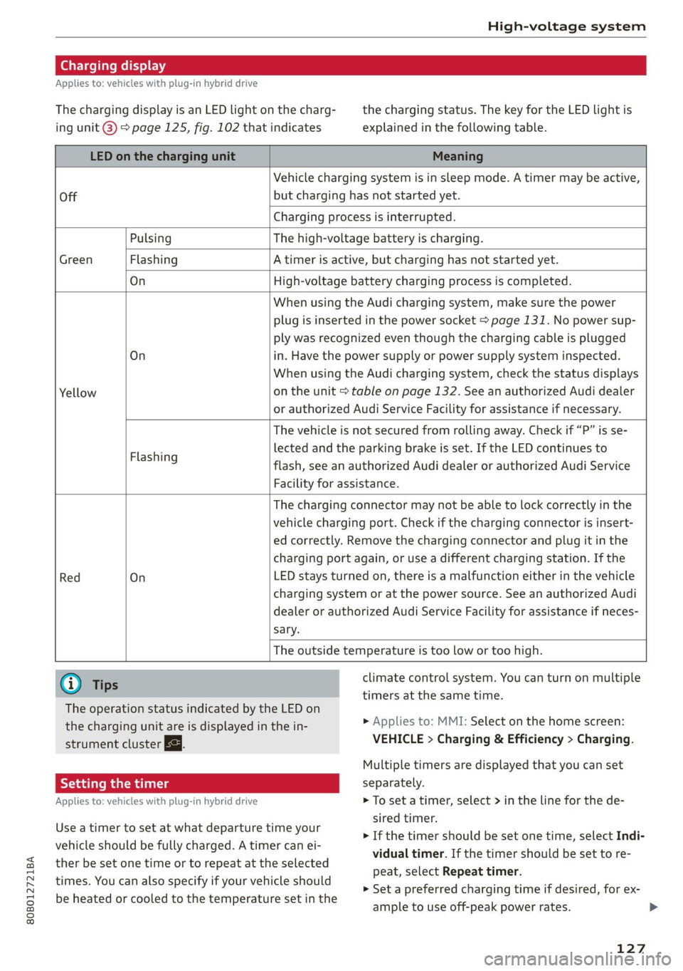AUDI Q5 2021 Owner´s Manual 80B012721BA
High-voltage system
Charging display
Applies to: vehicles with plug-in hybrid drive
The charging display is an LED light on the charg- the charging status. The key for the LED ligh AUDI Q5 2021 Owner´s Manual 80B012721BA
High-voltage system
Charging display
Applies to: vehicles with plug-in hybrid drive
The charging display is an LED light on the charg- the charging status. The key for the LED ligh