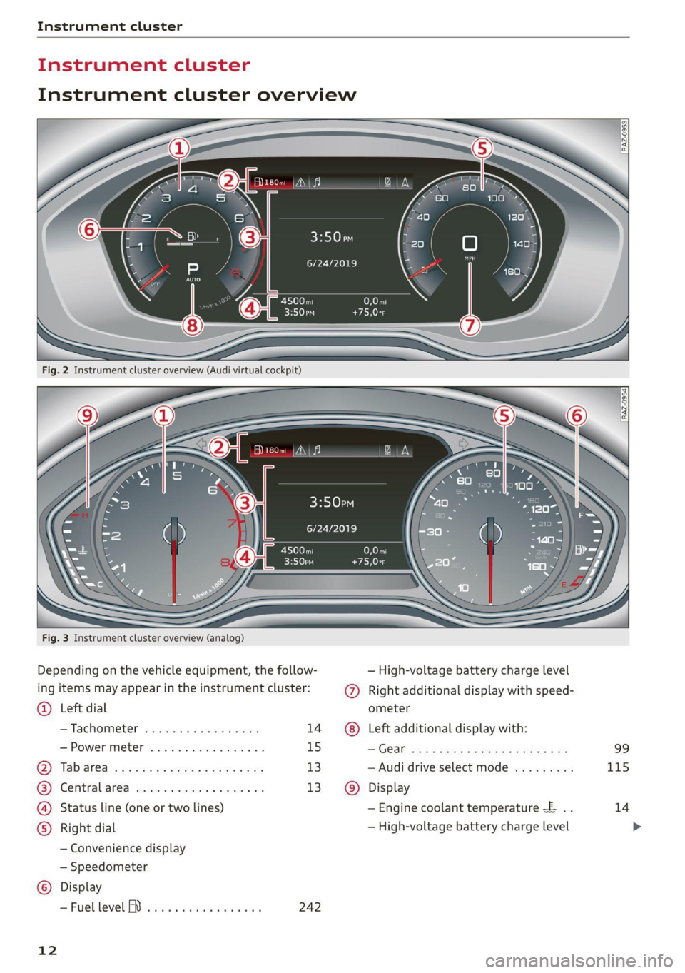 AUDI Q5 2021  Owner´s Manual Instrument cluster 
Belo 
6/24/2019 
6/24/2019 
C100 T 0,0 mi 
LOT SAF ela 
    
  
Fig. 3 Instrument cluster overview (analog) 
  
    
Depending on the vehicle equipment, the follow- — High-voltag