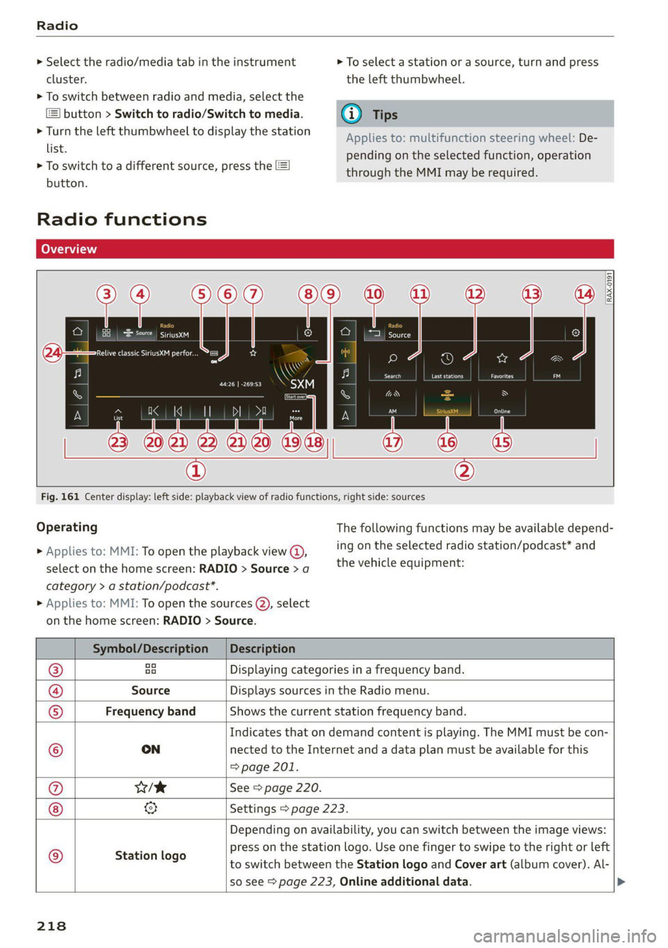 AUDI Q5 2021  Owner´s Manual Radio 
  
> Select the radio/media tab in the instrument > To select a station or a source, turn and press 
cluster. the left thumbwheel. 
> To switch between radio and media, select the 
button > Swi