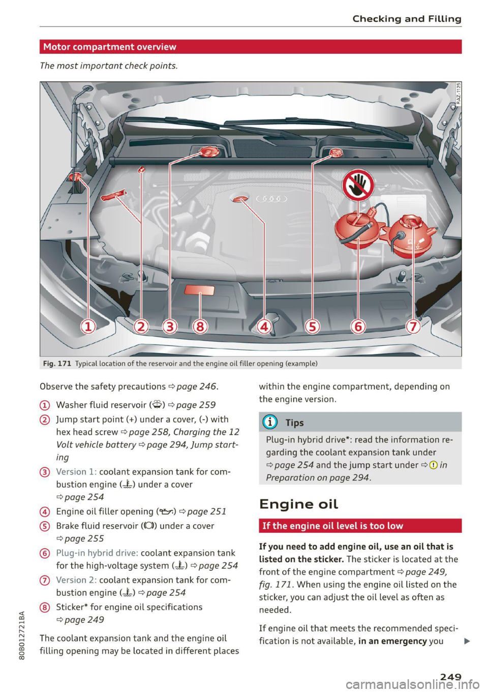 AUDI Q5 2021  Owner´s Manual 80B012721BA 
Checking and Filling 
  
Col kel mel nator Tadnat-lal ae) lav (7 
  
The most important check points. 
  
  
  
Fig. 171 Typical location of the reservoir and the engine oil filler openin
